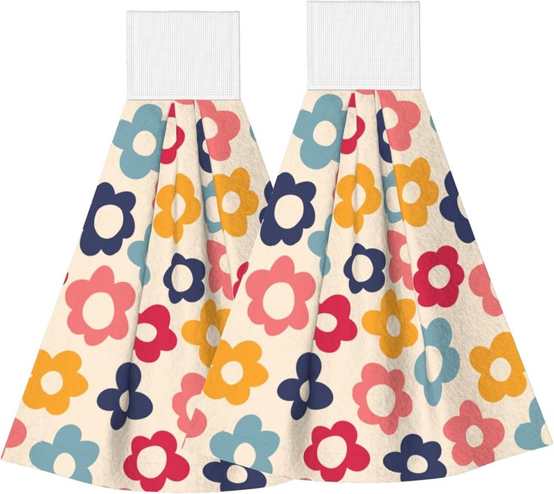 PDDCWAY Vintage Groovy Flower Hand Towels for Bathroom Set of 2 Colorful Daisy Hanging Dish Towels Spring Summer Kitchen Towel with Hanging Loop Fingertip Small Bath Tie Towel for Home Decor - Image 1